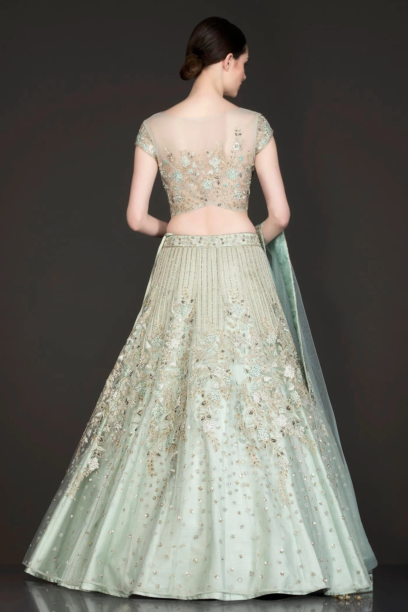 Mint Green Net Lehenga Top Dupatta With Resham Embroidery