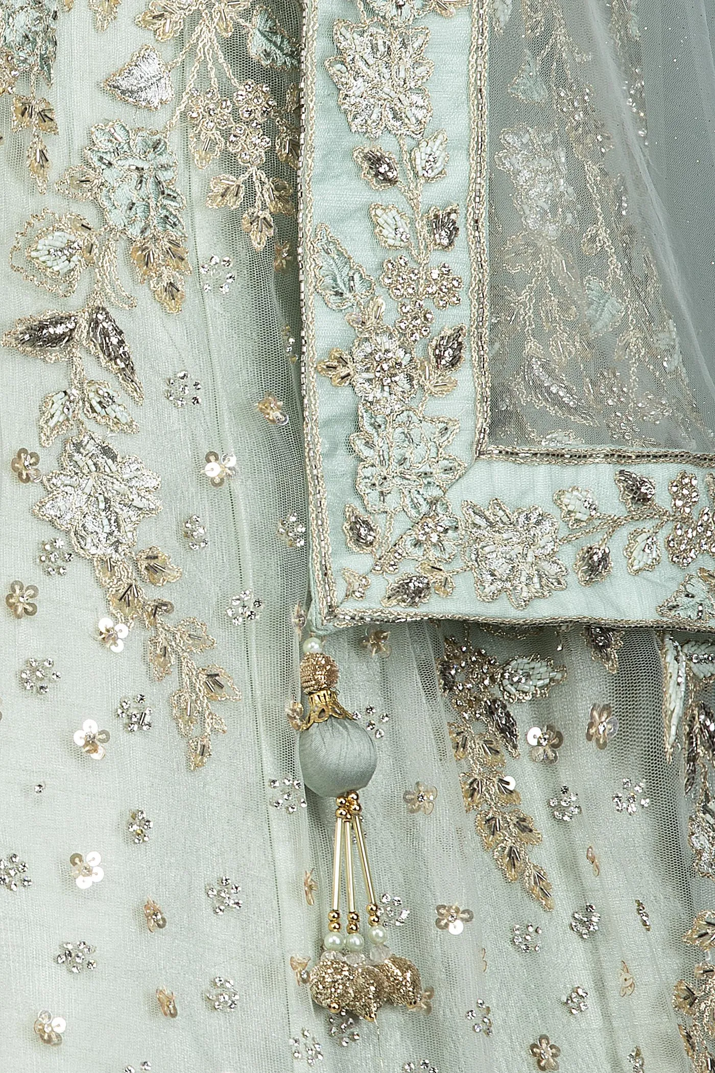 Mint Green Net Lehenga Top Dupatta With Resham Embroidery
