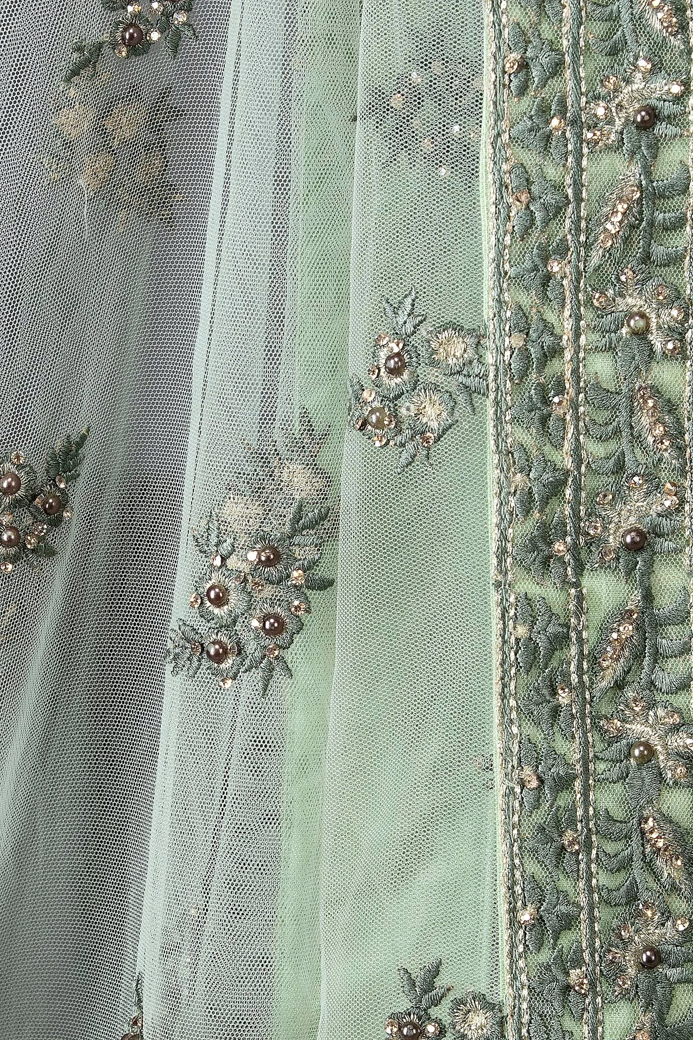 Mint Green Net Lehenga Top With Grey Thread/Resham Embroidery Highlighted With Silver Stones
