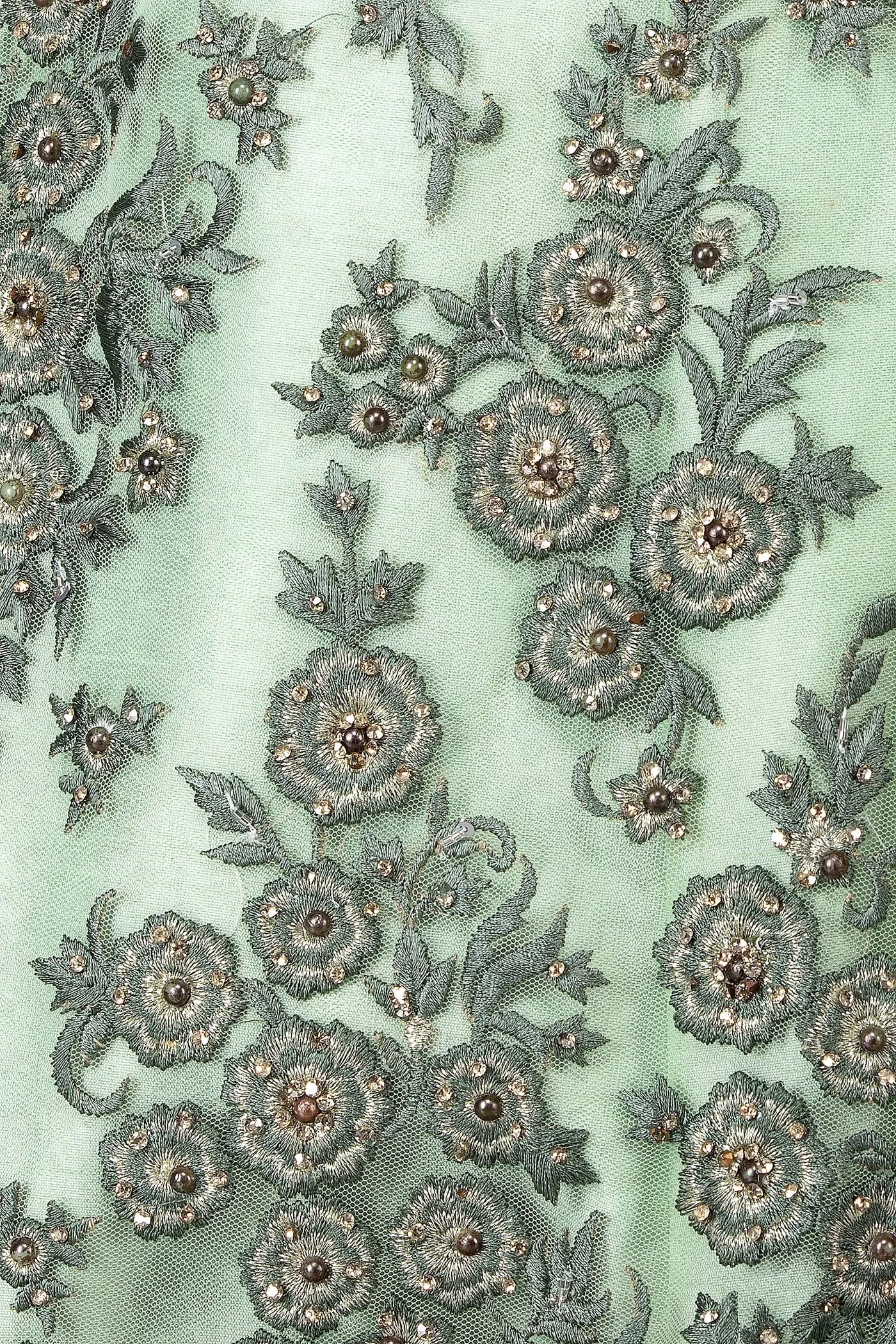 Mint Green Net Lehenga Top With Grey Thread/Resham Embroidery Highlighted With Silver Stones