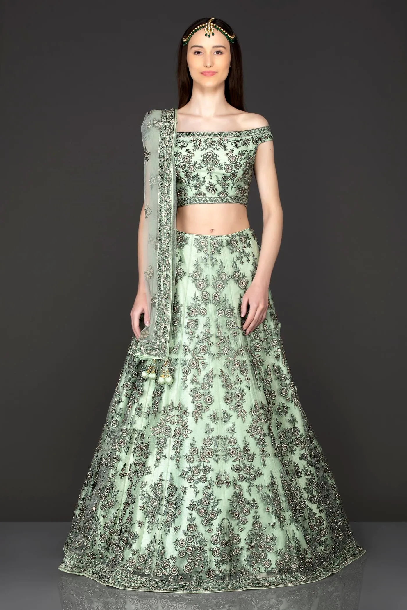 Mint Green Net Lehenga Top With Grey Thread/Resham Embroidery Highlighted With Silver Stones