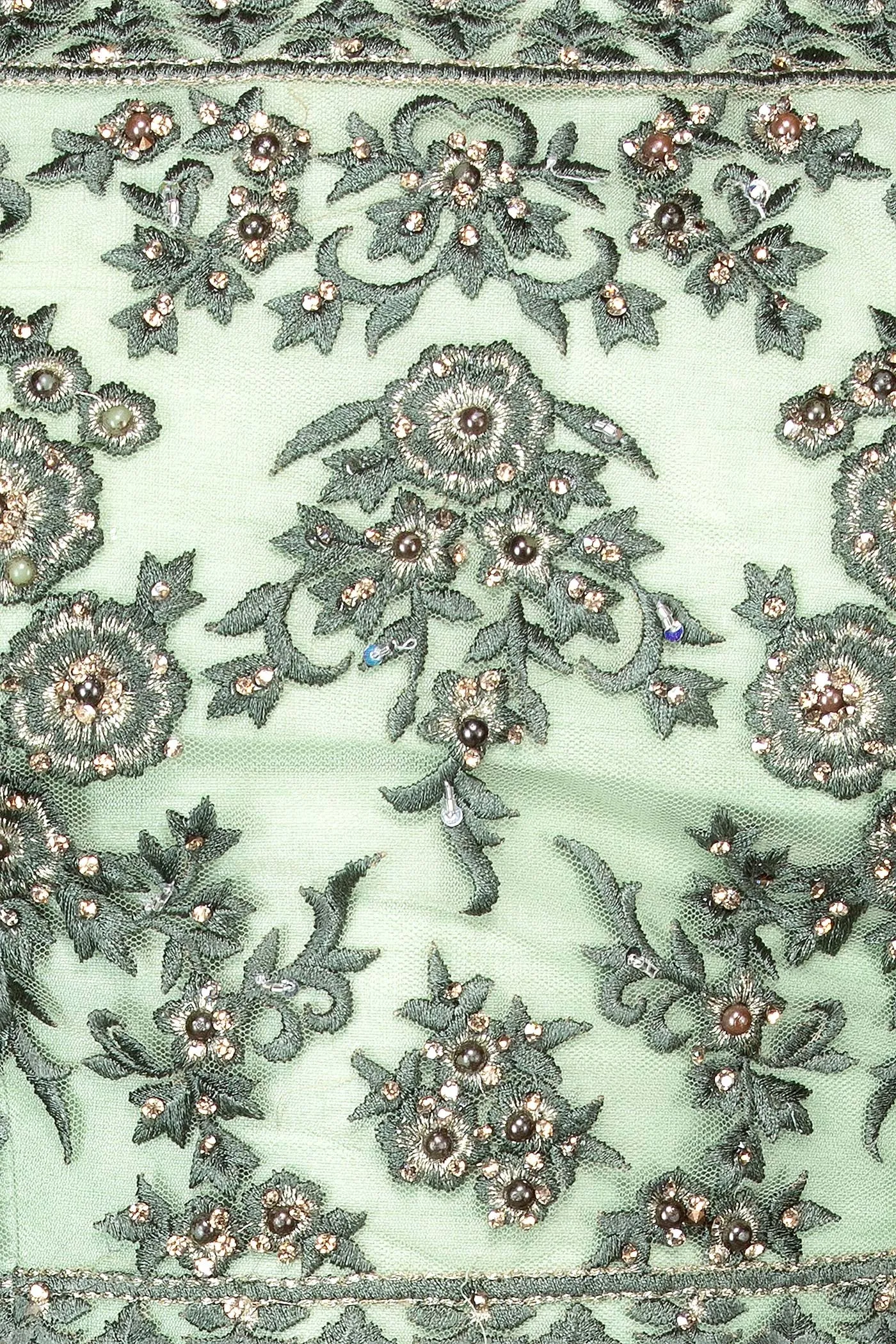 Mint Green Net Lehenga Top With Grey Thread/Resham Embroidery Highlighted With Silver Stones