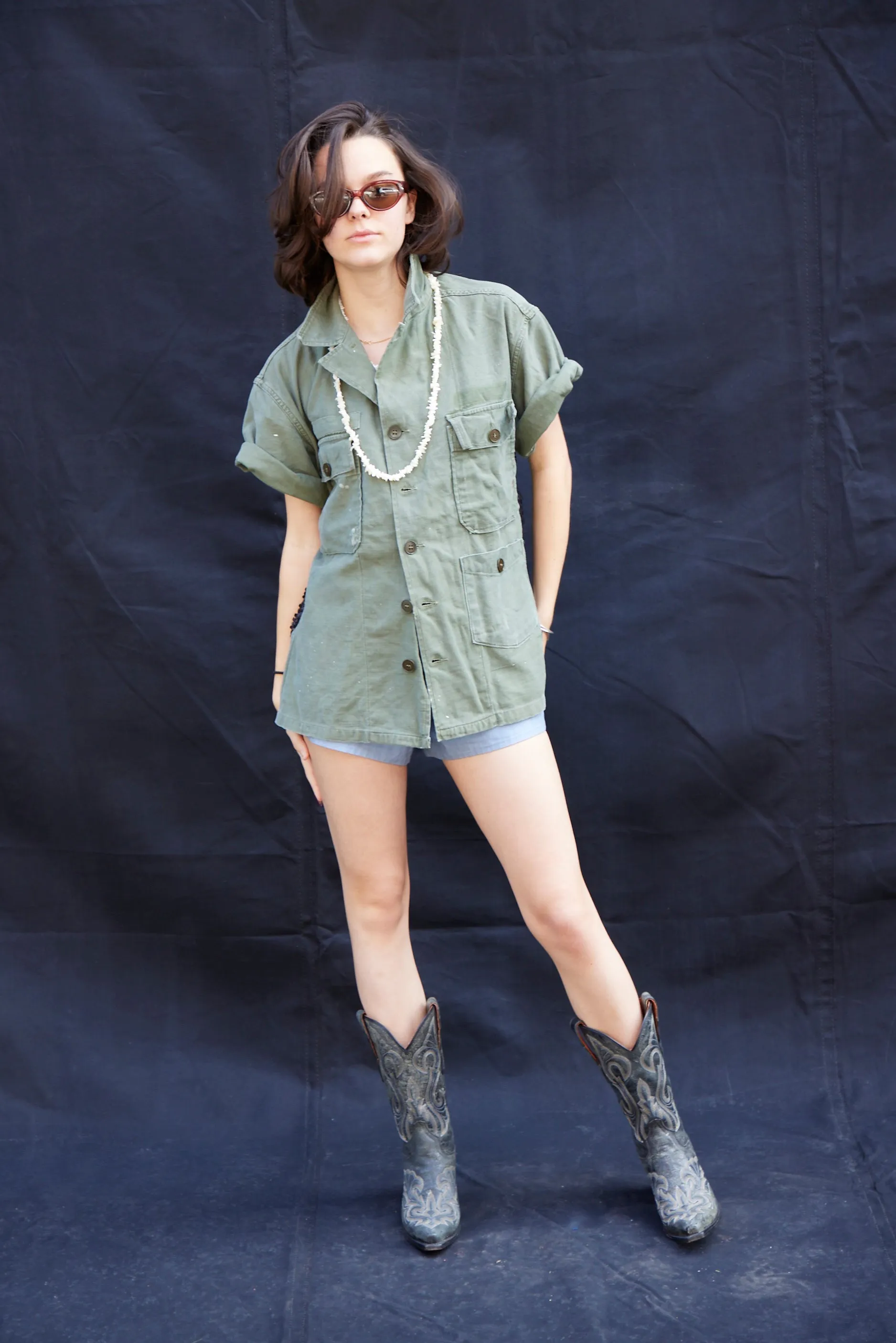Party Back Shirt - Black Random Sequins - Short Sleeve Khaki