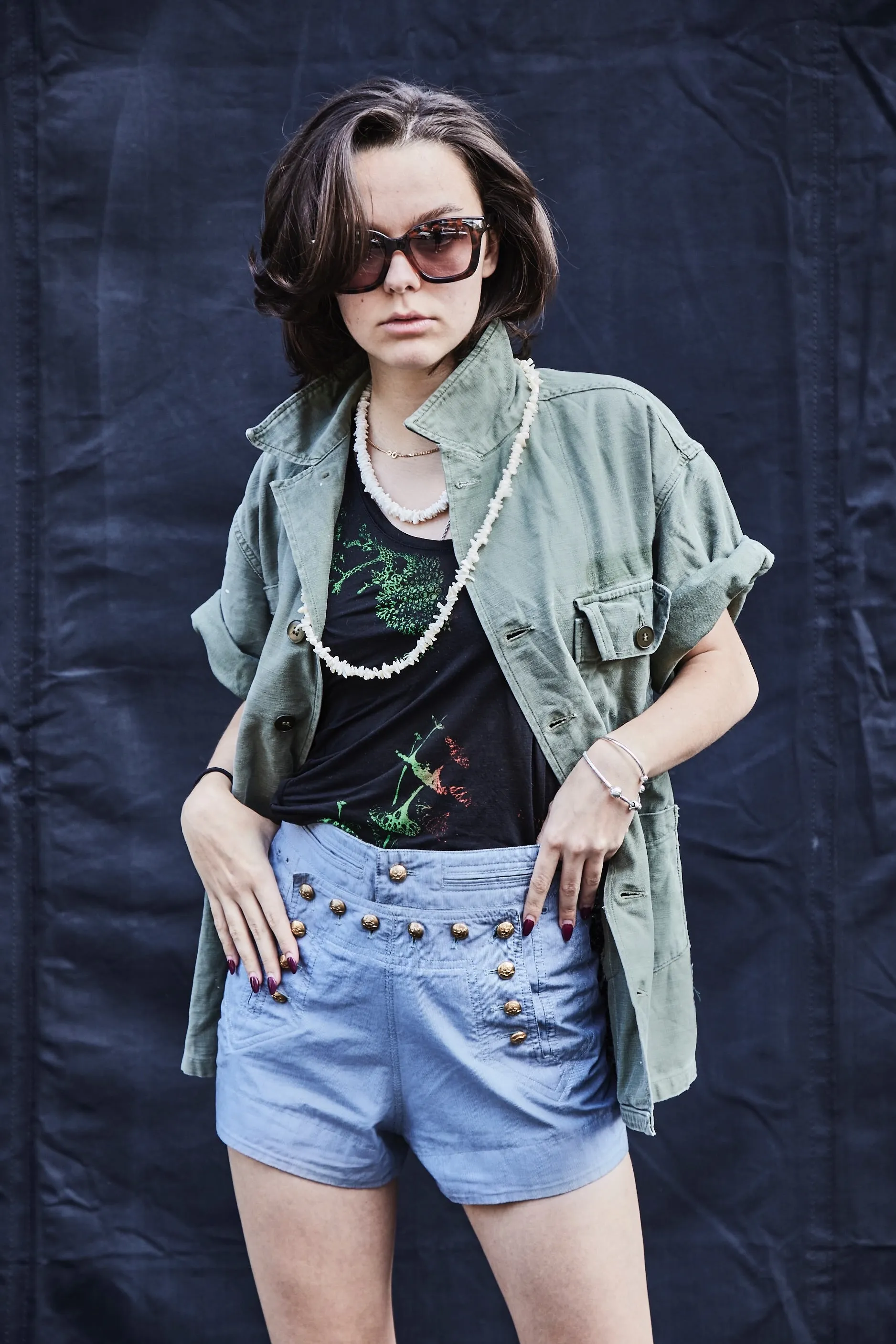 Party Back Shirt - Black Random Sequins - Short Sleeve Khaki