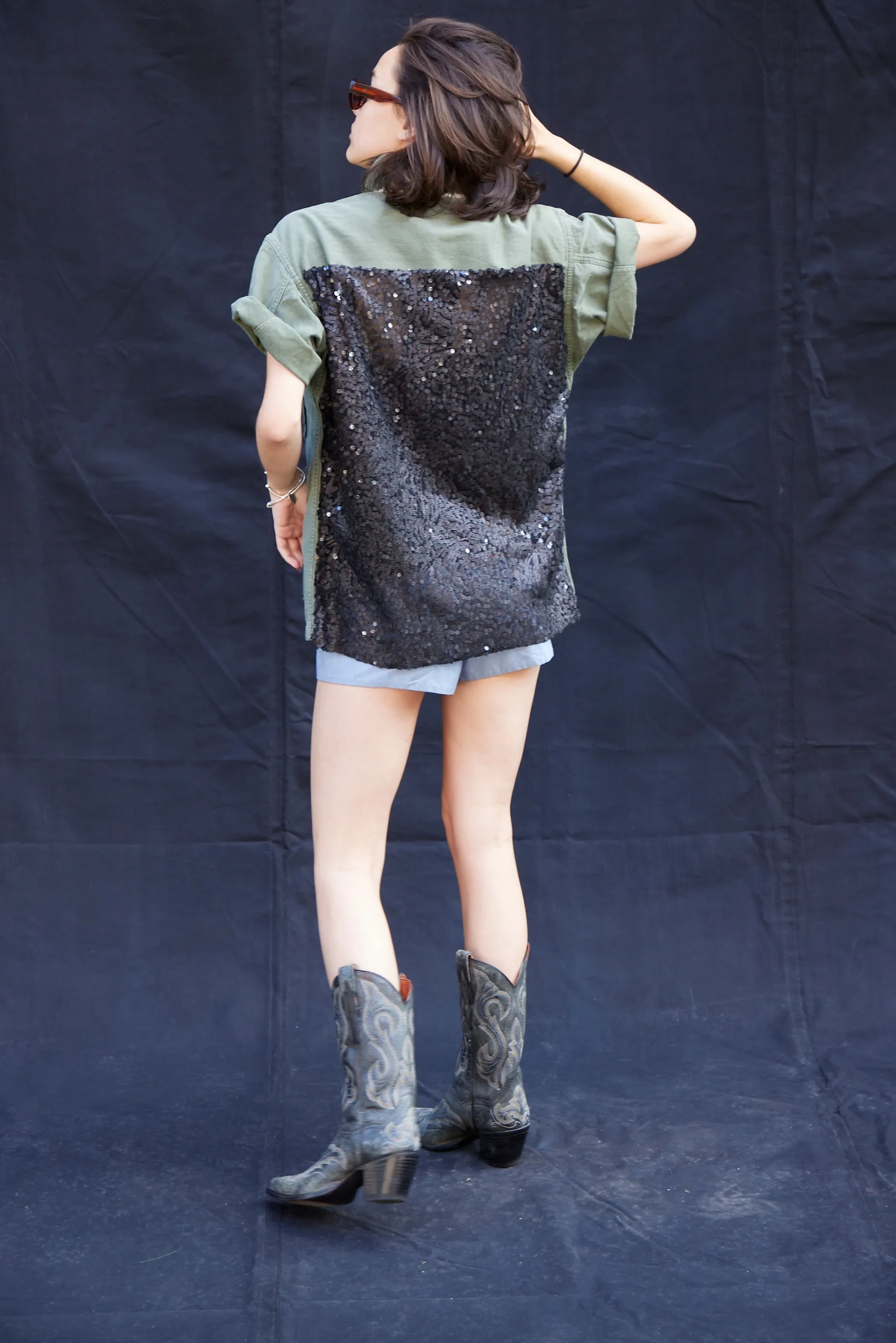 Party Back Shirt - Black Random Sequins - Short Sleeve Khaki