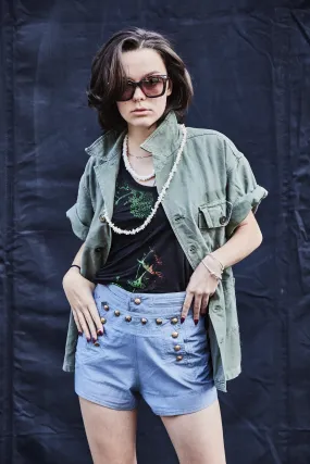 Party Back Shirt - Black Random Sequins - Short Sleeve Khaki