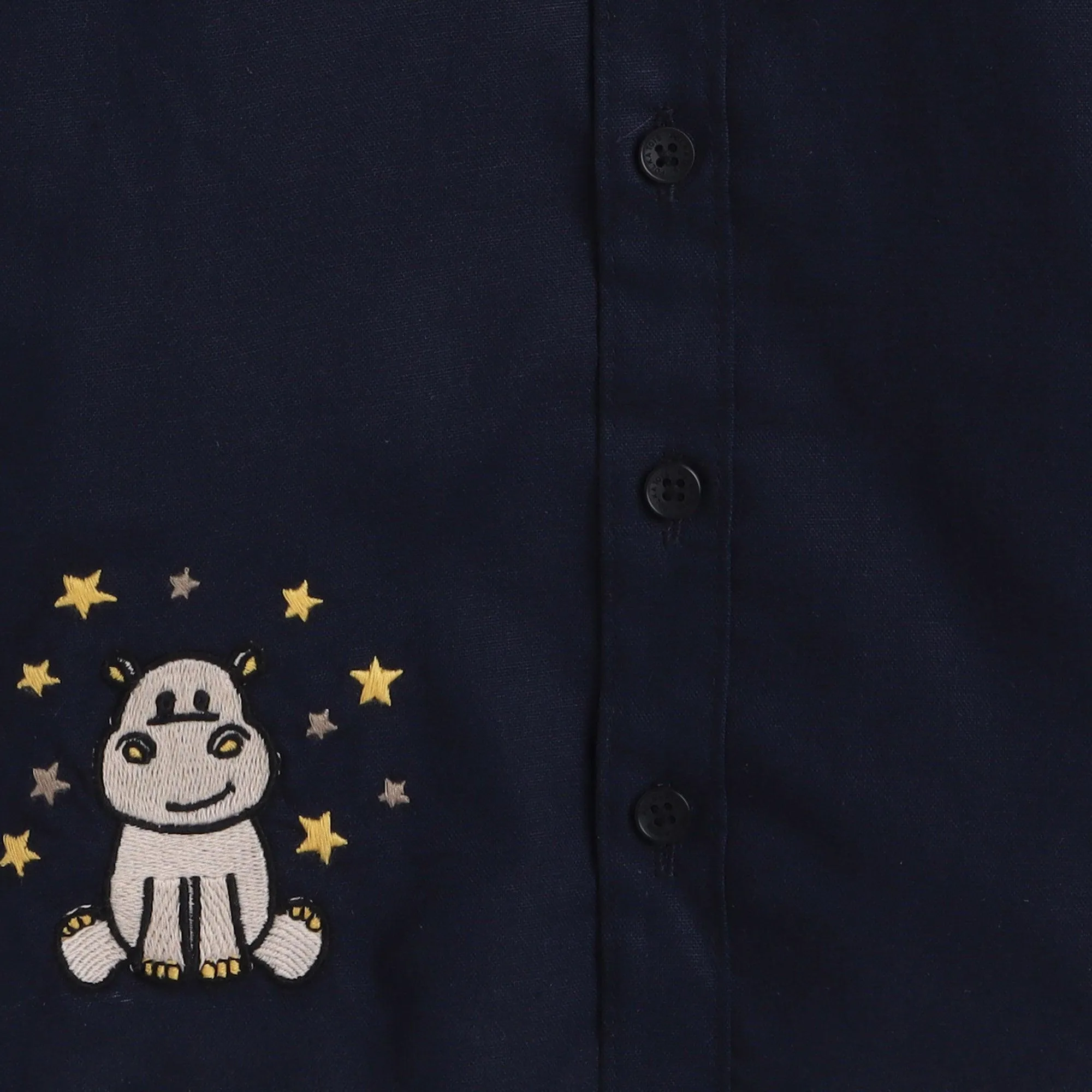 Polka Tots Full Sleeve Shirt Hippopotamus Thread Embroidery - Blue