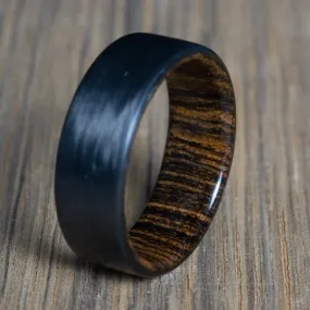 "Bocote" Carbon fiber men's wedding band with bocote wood interior