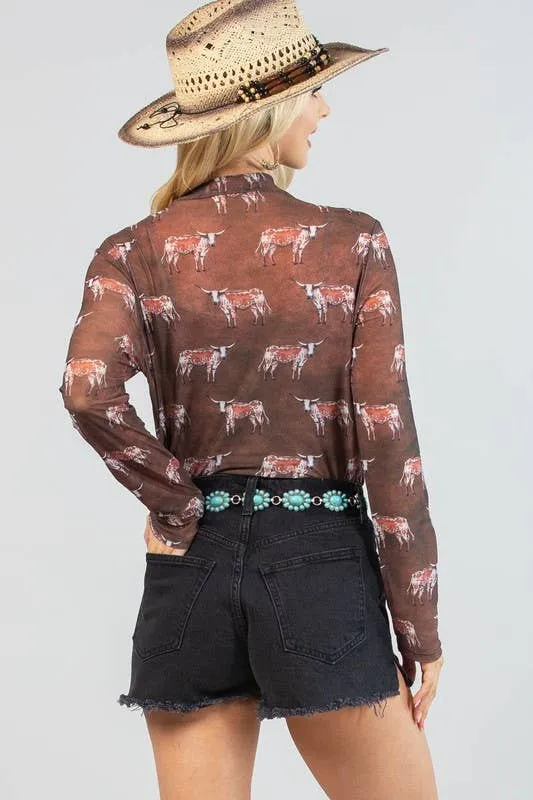 SIMONE LONGHORN PRINT SEMI SHEER MESH TOP
