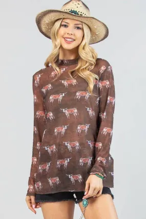 SIMONE LONGHORN PRINT SEMI SHEER MESH TOP