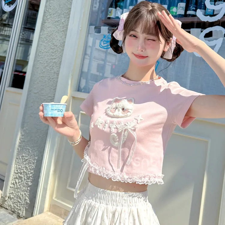 Summer Sweet Girl Style Pink Cartoon Cat Embroidered T-shirt