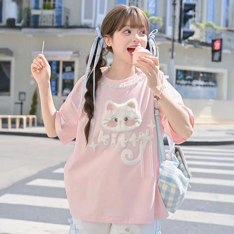 Summer Sweet Girl Style Pink Cartoon Cat Embroidered T-shirt