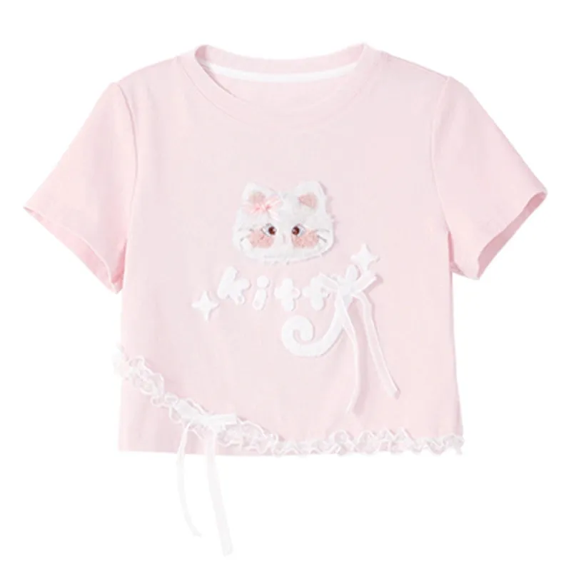 Summer Sweet Girl Style Pink Cartoon Cat Embroidered T-shirt