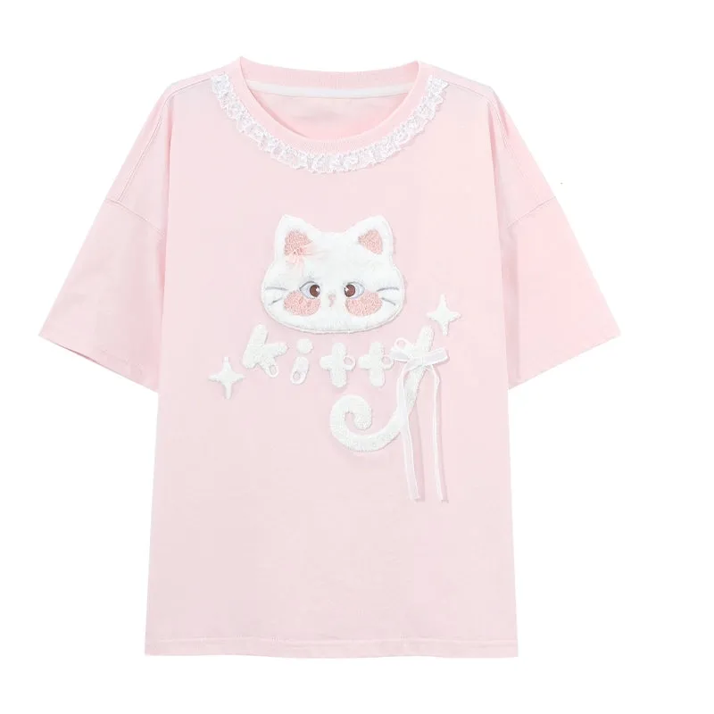 Summer Sweet Girl Style Pink Cartoon Cat Embroidered T-shirt