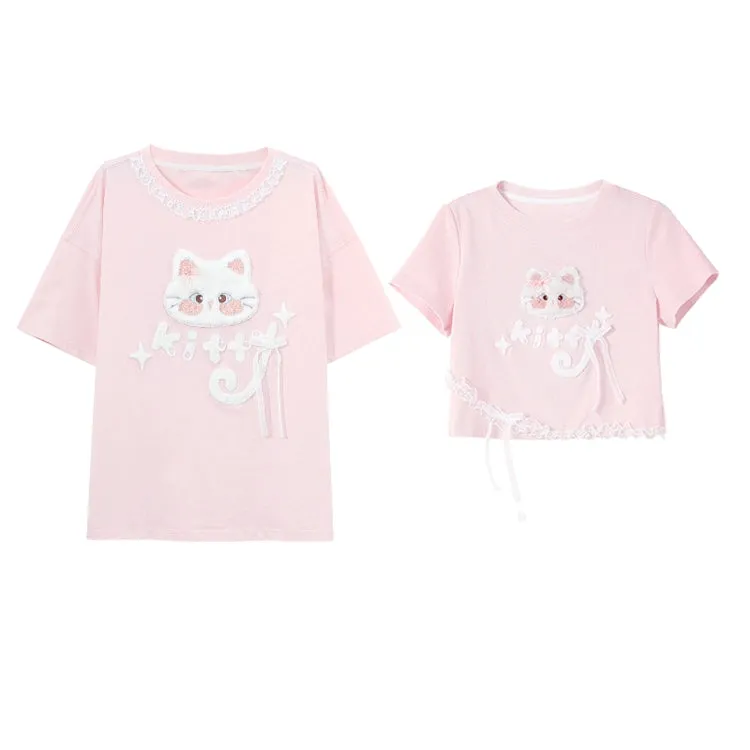 Summer Sweet Girl Style Pink Cartoon Cat Embroidered T-shirt