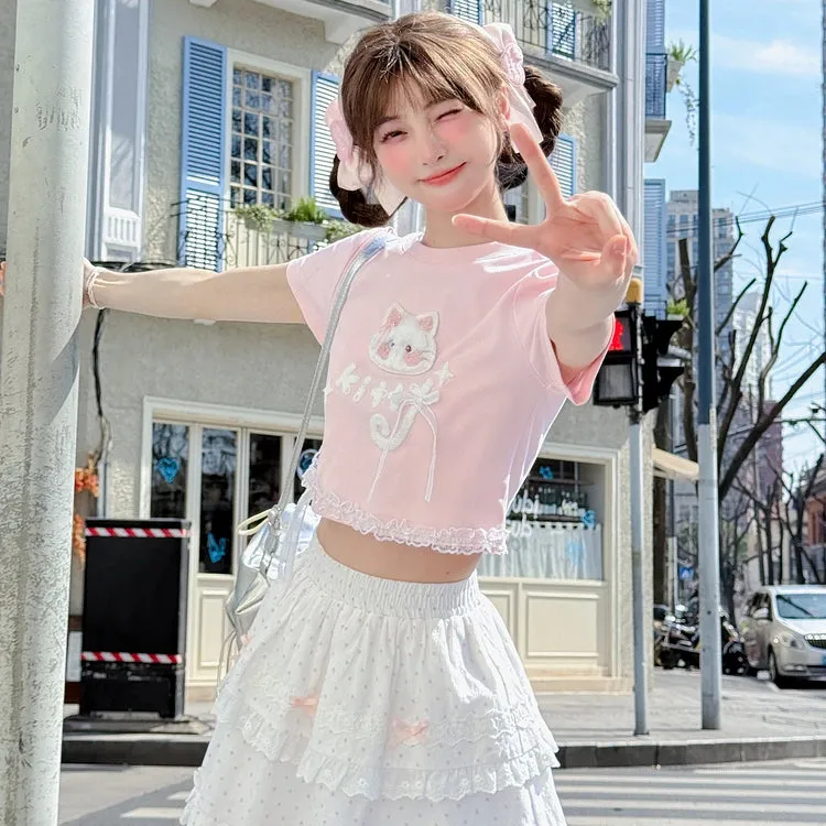 Summer Sweet Girl Style Pink Cartoon Cat Embroidered T-shirt
