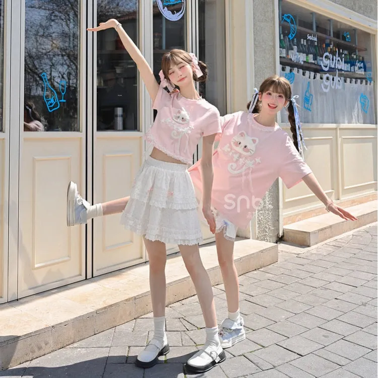 Summer Sweet Girl Style Pink Cartoon Cat Embroidered T-shirt
