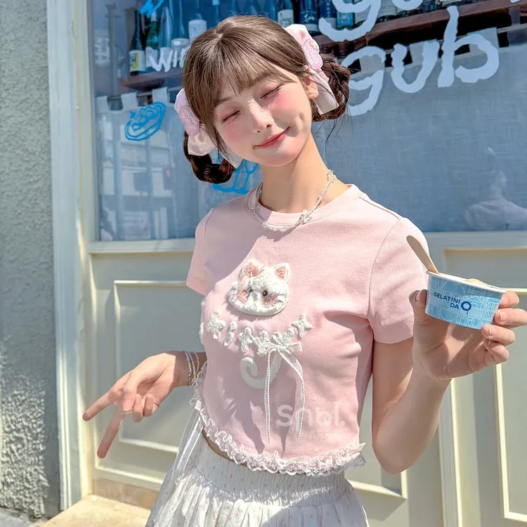 Summer Sweet Girl Style Pink Cartoon Cat Embroidered T-shirt