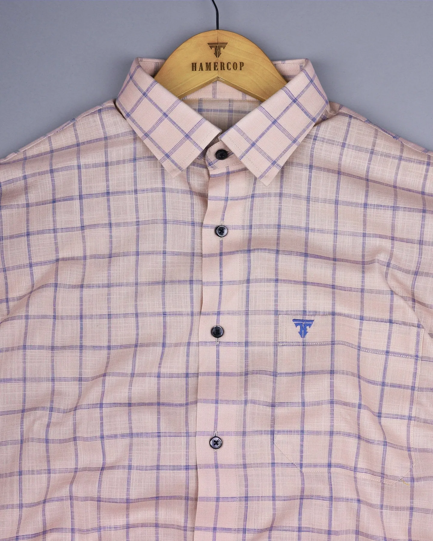 Tipton Cream With Blue Check Linen Cotton Shirt