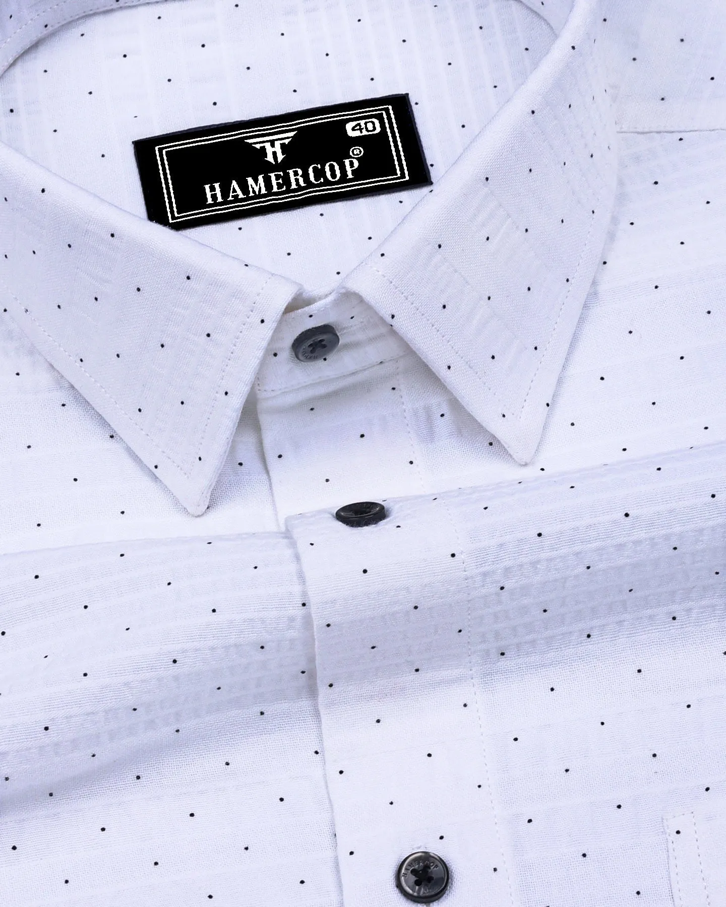 Trojes White With Black Dot Printed Seersucker Cotton Shirt