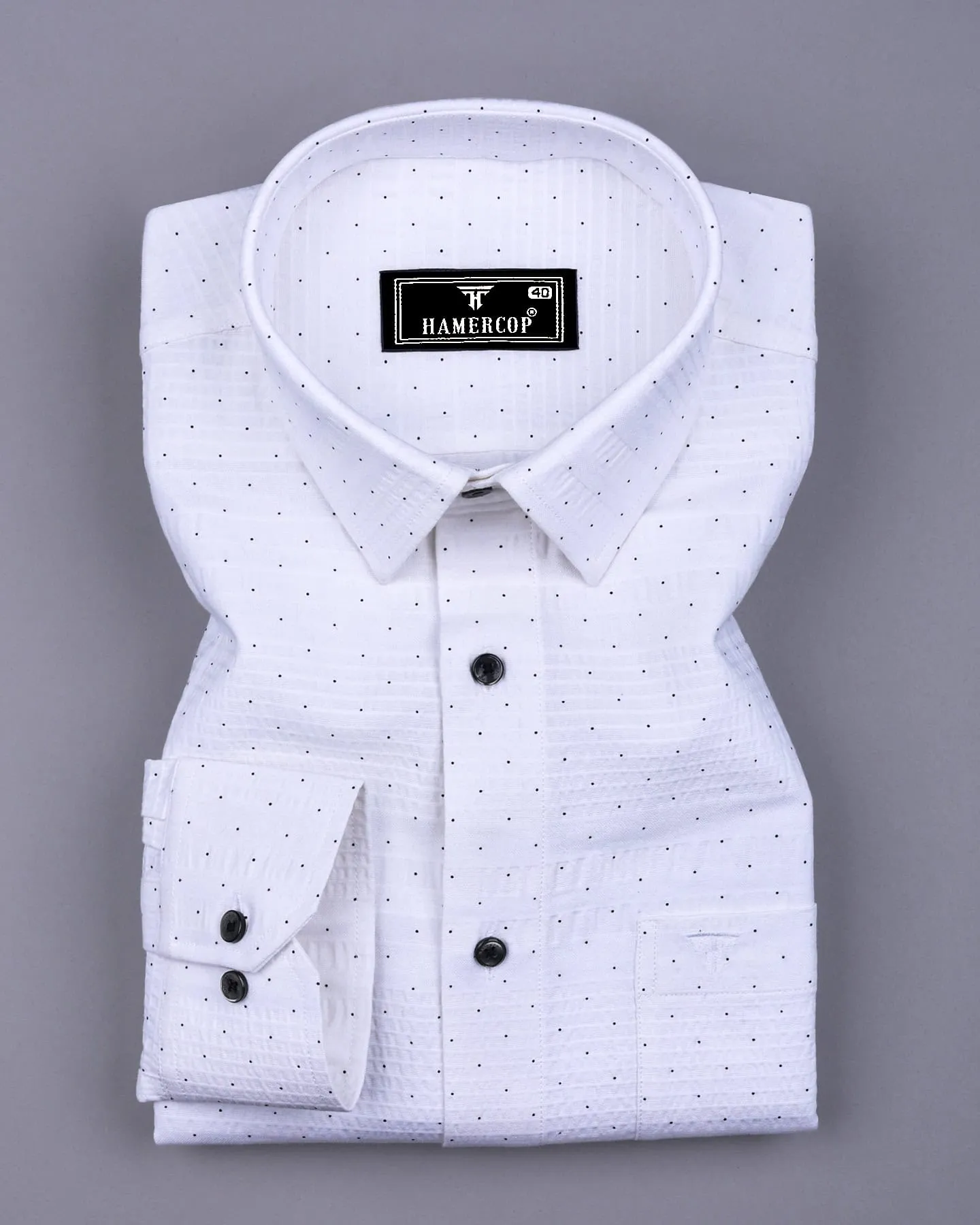Trojes White With Black Dot Printed Seersucker Cotton Shirt