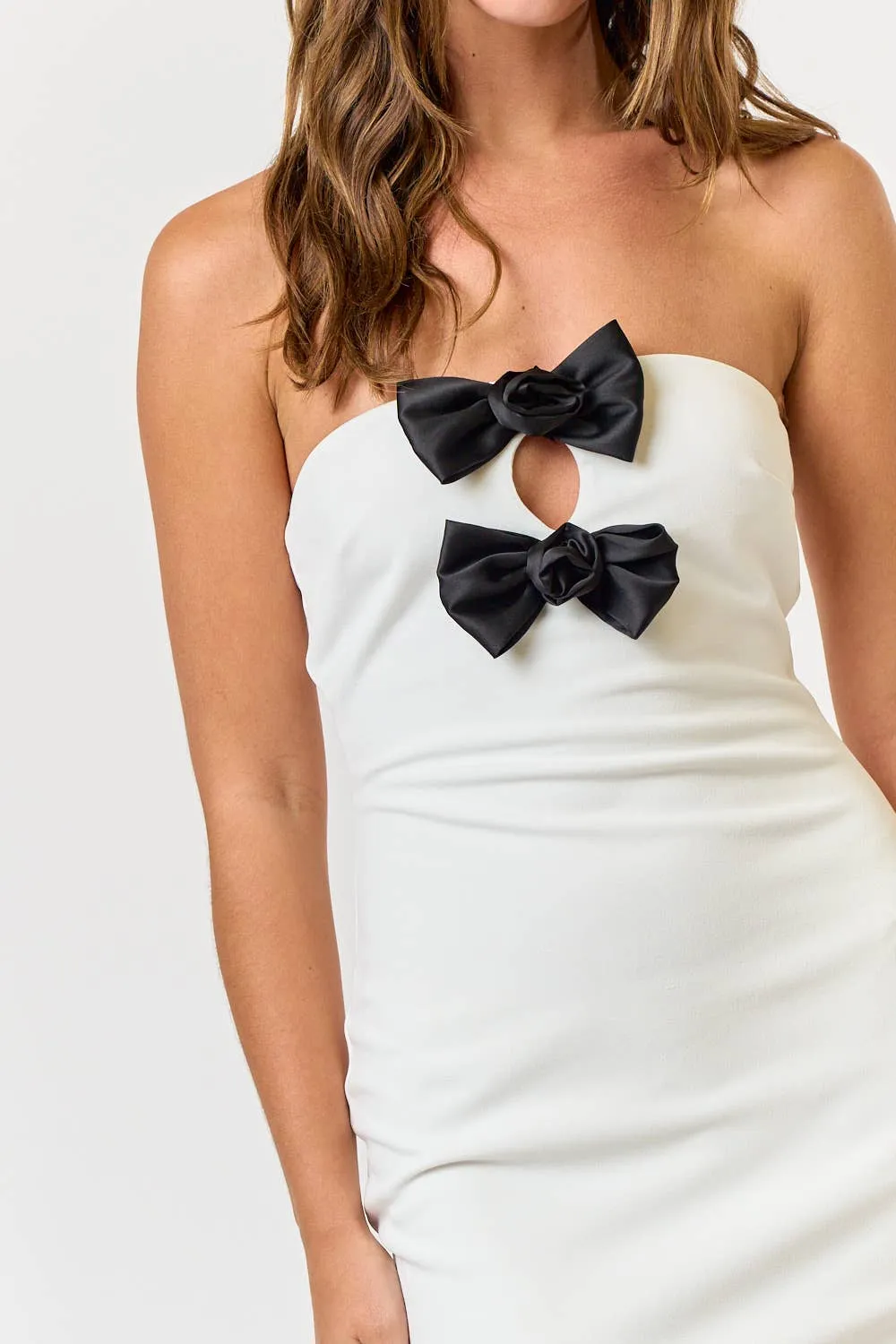 White Rosette Bow Detail Tube Bodycon Dress