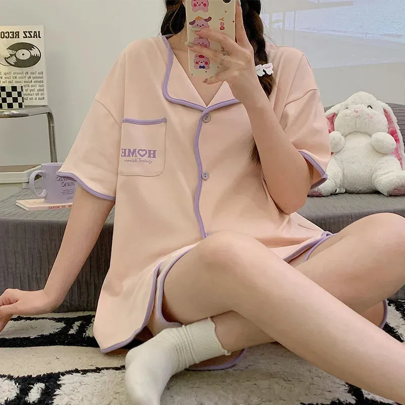 Women Pajamas Set Cotton Summer 2 Piece Dot Pyjama Pocket Buttons Down Sleepwear Short Sleeve Shorts Pijama Mujer Pjs Homewear
