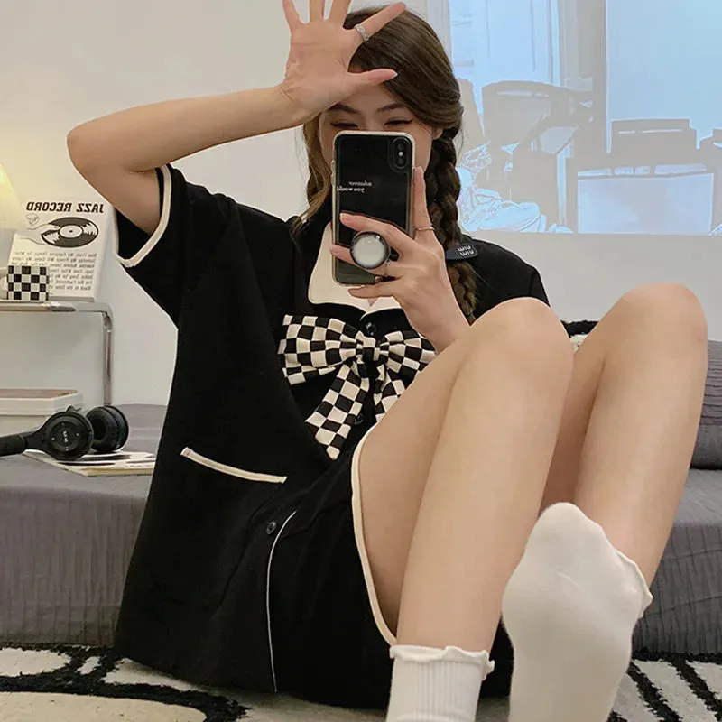Women Pajamas Set Cotton Summer 2 Piece Dot Pyjama Pocket Buttons Down Sleepwear Short Sleeve Shorts Pijama Mujer Pjs Homewear