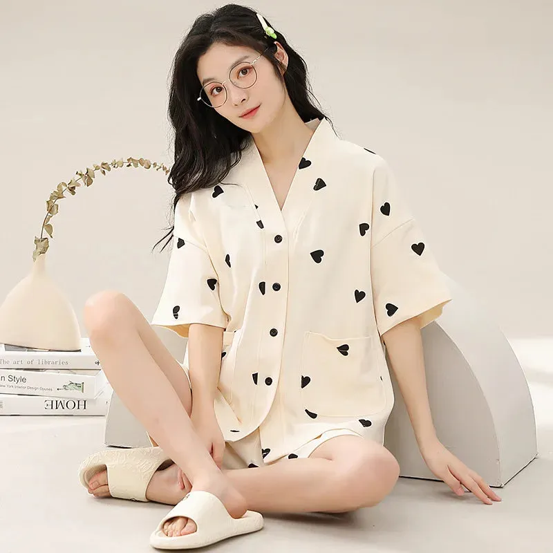 Women Pajamas Set Cotton Summer 2 Piece Dot Pyjama Pocket Buttons Down Sleepwear Short Sleeve Shorts Pijama Mujer Pjs Homewear