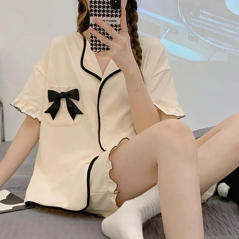 Women Pajamas Set Cotton Summer 2 Piece Dot Pyjama Pocket Buttons Down Sleepwear Short Sleeve Shorts Pijama Mujer Pjs Homewear